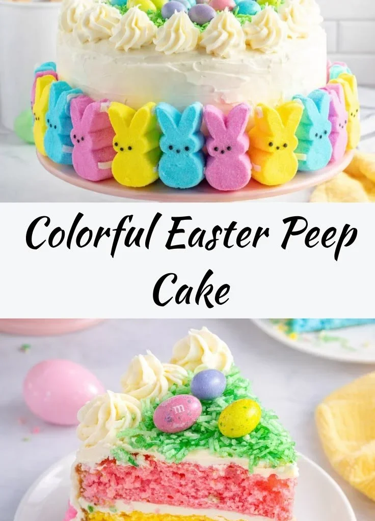 Easter Peep Cake decorated with colorful marshmallow chicks and festive sprinkles.