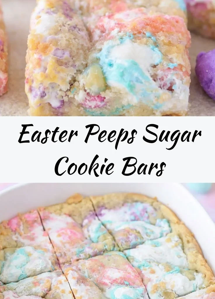 Easter Peeps Sugar Cookie Bars decorated with colorful marshmallow candies