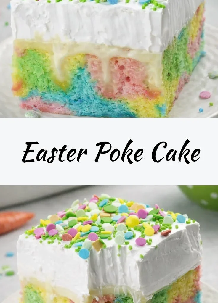 Easter Poke Cake with pastel swirls and creamy filling on a festive table.