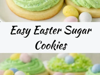 Decorated Easter sugar cookies with cream cheese frosting on a colorful plate