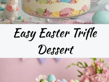 Colorful Easter trifle dessert with layers of cake, fruit, and cream