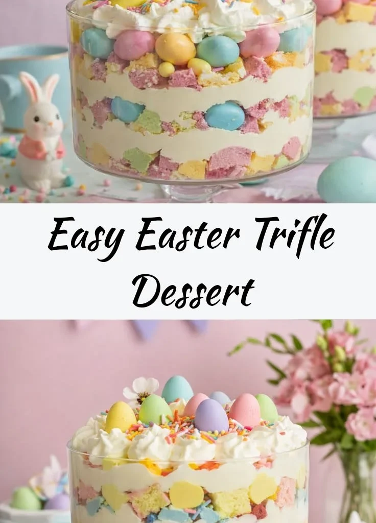 Colorful Easter trifle dessert with layers of cake, fruit, and cream