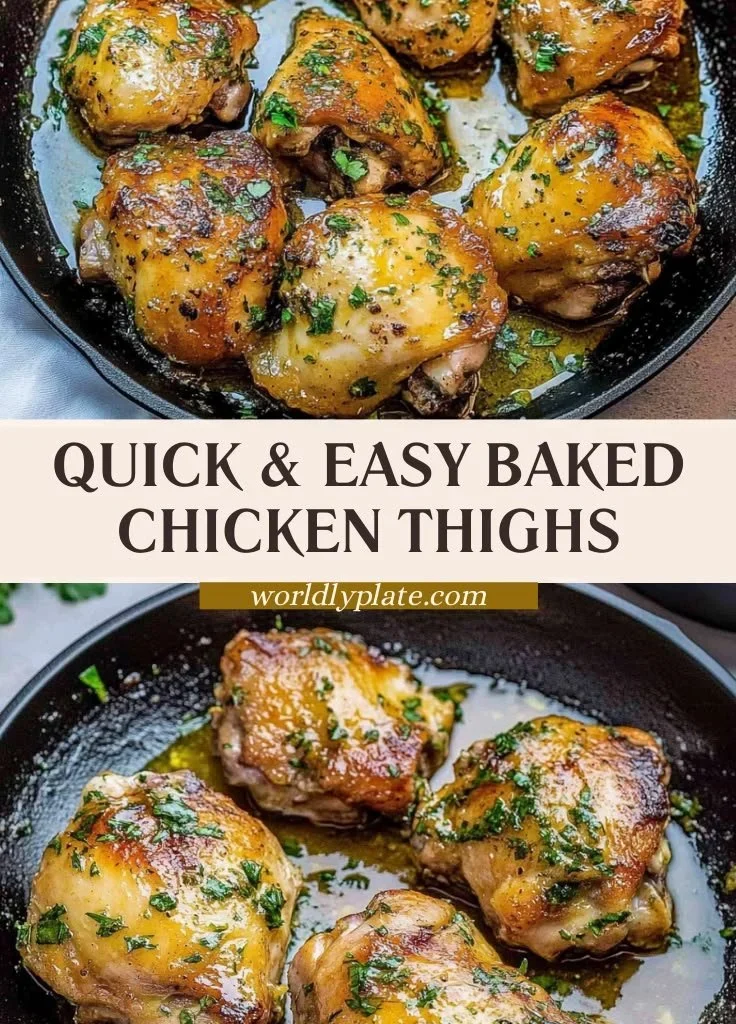 Juicy baked boneless skinless chicken thighs on a plate garnished with herbs