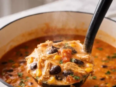 Bowl of easy chicken tortilla soup garnished with tortilla strips and avocado