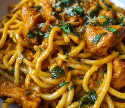 Delicious cowboy butter chicken pasta served in a bowl with herbs