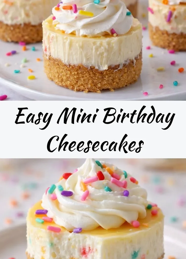 Delicious mini birthday cheesecakes topped with colorful frosting and sprinkles