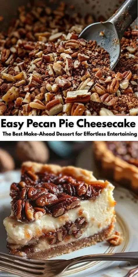 Delicious easy pecan pie cheesecake with a creamy filling and pecan topping.