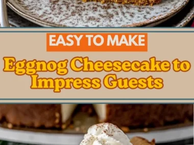 Delicious Eggnog Cheesecake topped with whipped cream and nutmeg.