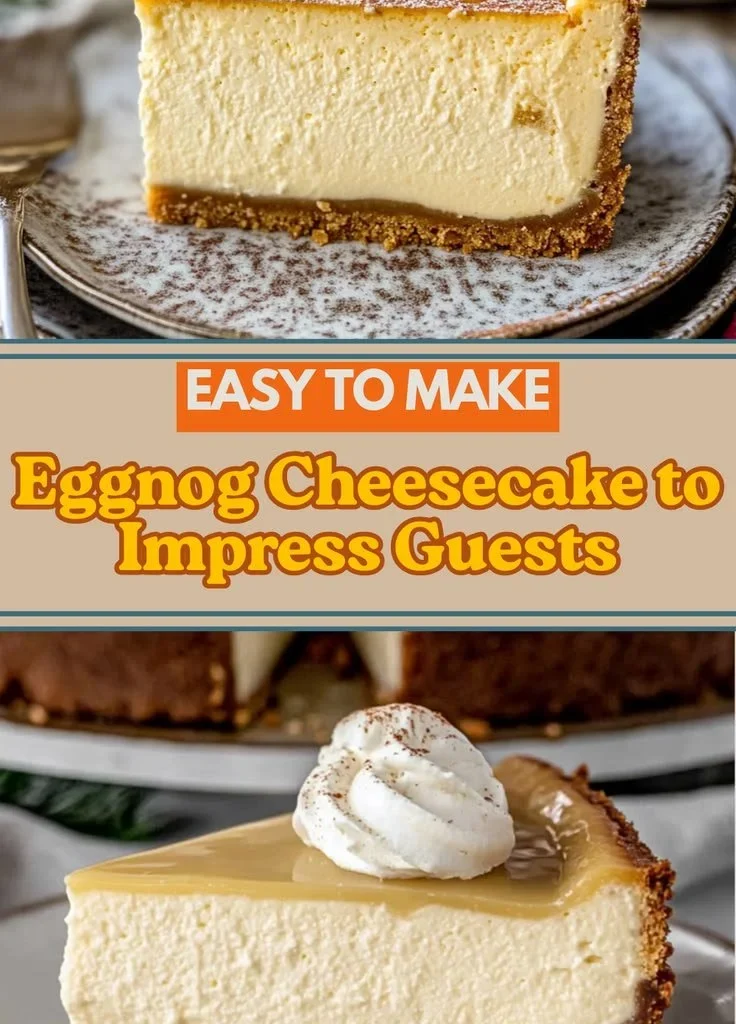 Delicious Eggnog Cheesecake topped with whipped cream and nutmeg.