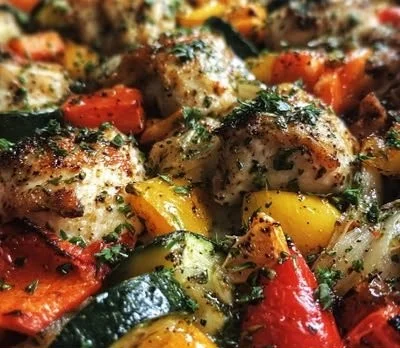 Delicious sheet pan dinner with chicken and vegetables for family meal