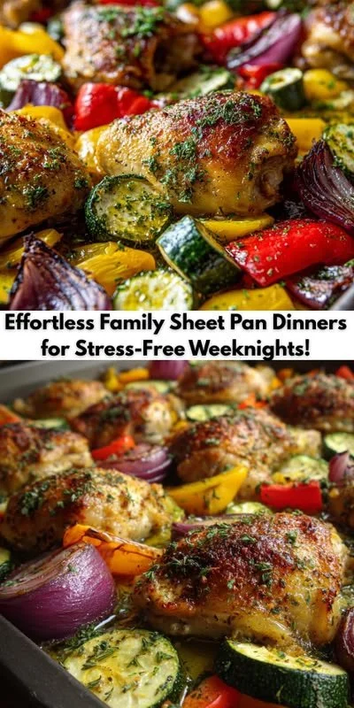Colorful sheet pan dinner featuring roasted vegetables and chicken