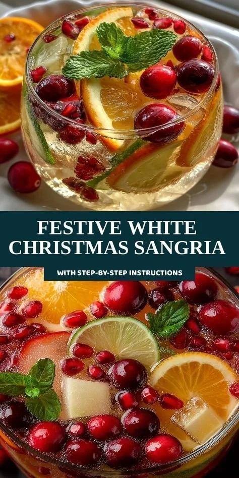 Festive White Christmas Sangria in a glass with holiday decorations