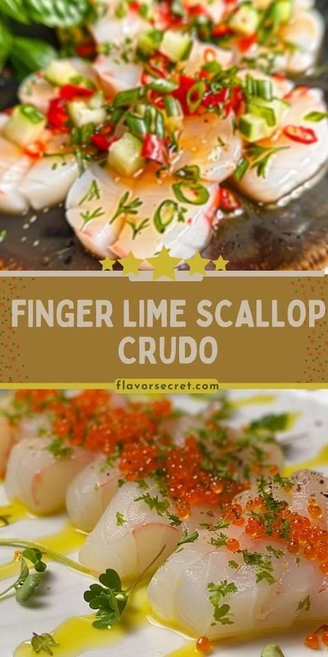 A vibrant plate of Finger Lime and Scallop Crudo garnished with microgreens.