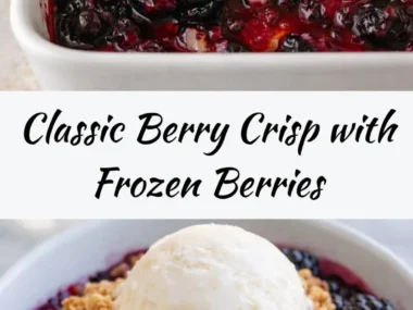 Delicious flaky berry crisp made with frozen berries, served in a baking dish.