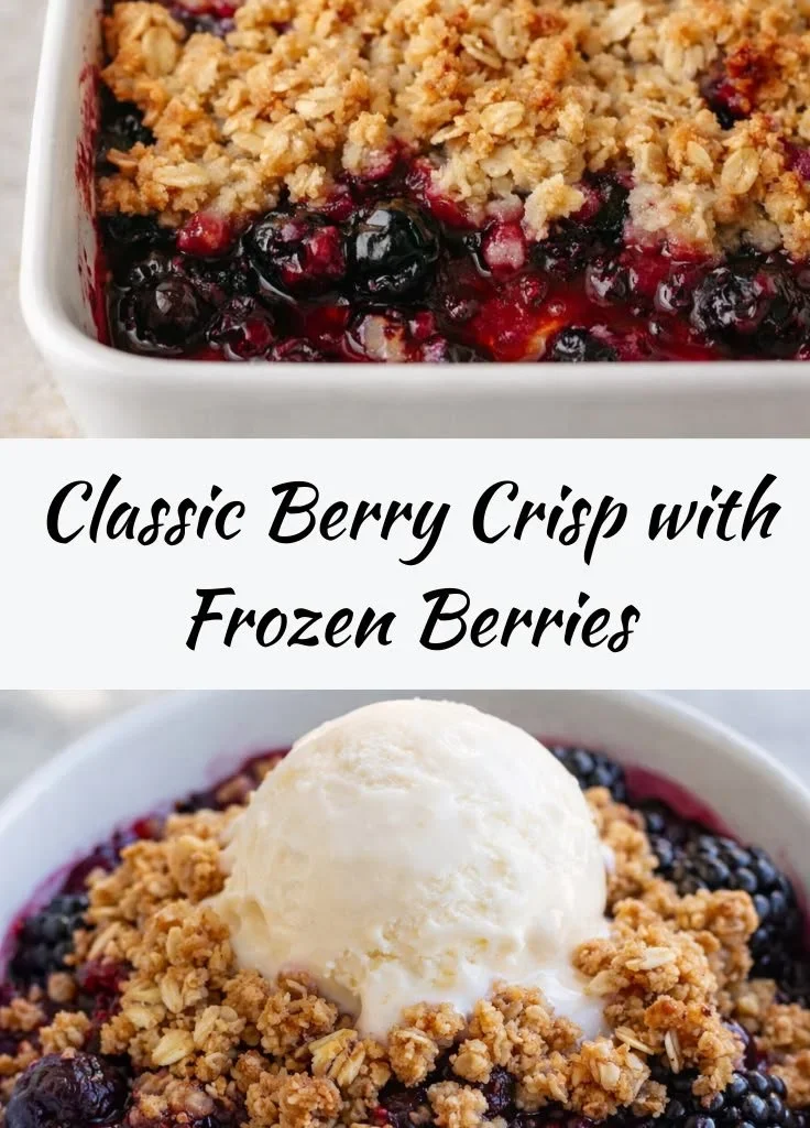 Delicious flaky berry crisp made with frozen berries, served in a baking dish.