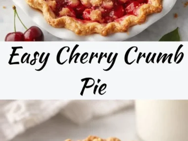 Delicious flaky cherry crumb pie topped with golden crumb crust