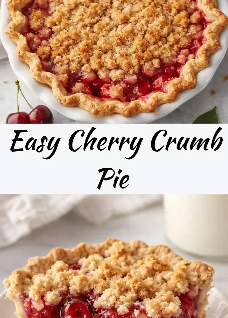 Delicious flaky cherry crumb pie topped with golden crumb crust