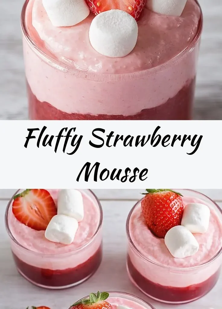 Fluffy strawberry mousse dessert topped with fresh strawberries.