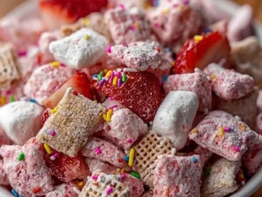 Fluffy Strawberry Shortcake Puppy Chow in a bowl topped with fresh strawberries