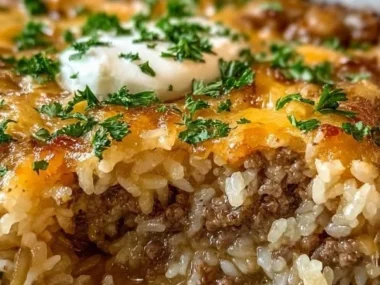 Delicious French Onion Beef Casserole topped with toasted cheese and onions