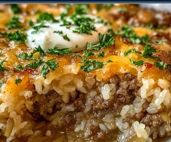 Delicious French Onion Beef Casserole topped with toasted cheese and onions