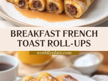 Delicious French Toast Roll-Ups filled with sweet cream and topped with syrup.