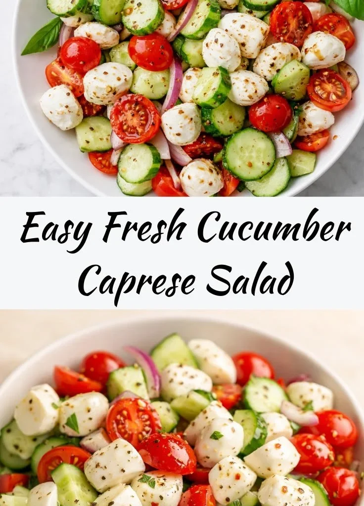 Fresh Cucumber Caprese Salad with mozzarella, tomatoes, and basil