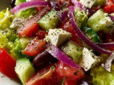 A vibrant bowl of fresh zesty crisp Greek salad with tomatoes, cucumbers, and olives