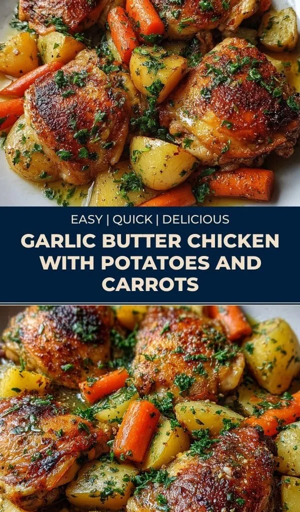 Garlic Butter Chicken served with Potatoes and Carrots on a plate