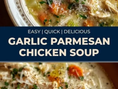 Bowl of Garlic Parmesan Chicken Soup garnished with herbs and cheese