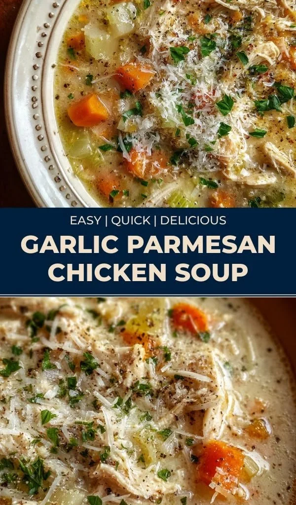 Bowl of Garlic Parmesan Chicken Soup garnished with herbs and cheese
