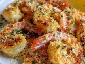 Delicious Garlic Parmesan Shrimp served with herbs and lemon.