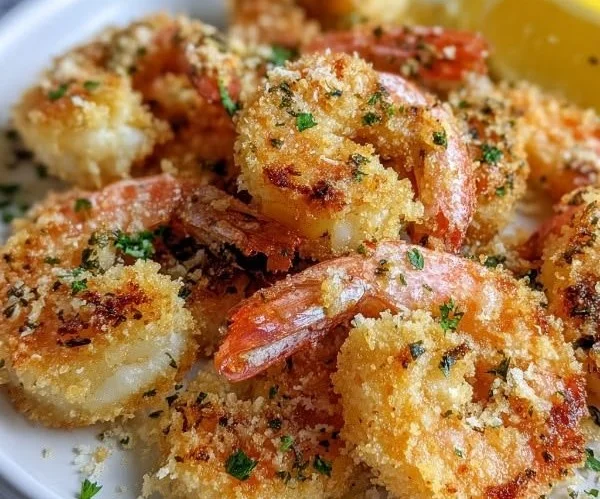 Delicious Garlic Parmesan Shrimp served with herbs and lemon.