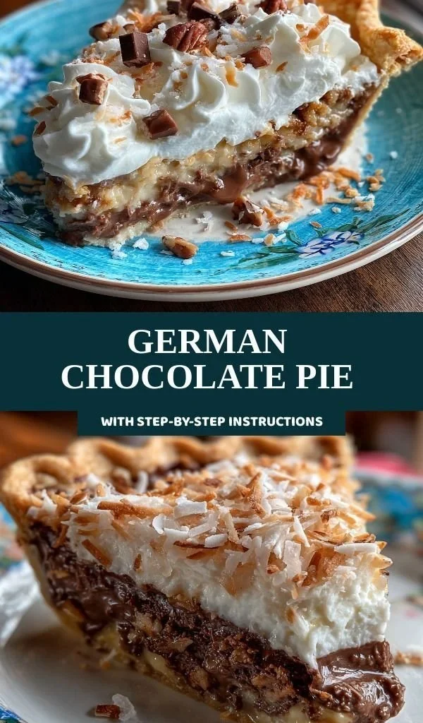 Delicious slice of German Chocolate Pie with coconut and pecan topping