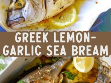 Delicious Greek lemon-garlic roasted sea bream served on a platter.