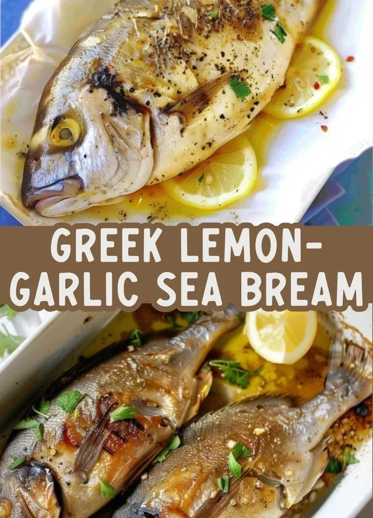 Delicious Greek lemon-garlic roasted sea bream served on a platter.