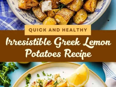 Bowl of Greek Lemon Potatoes garnished with fresh herbs and lemon.