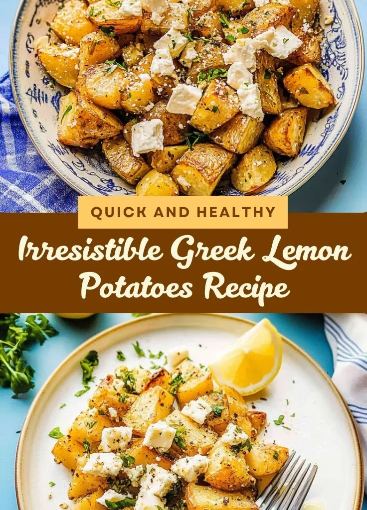 Bowl of Greek Lemon Potatoes garnished with fresh herbs and lemon.