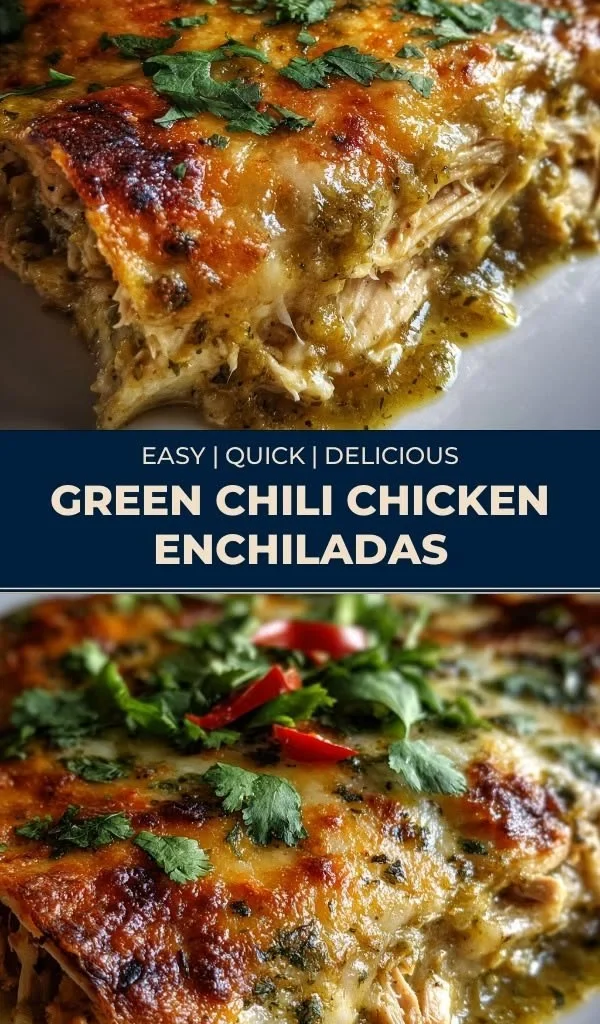 Delicious green chili chicken enchiladas topped with cheese and fresh cilantro