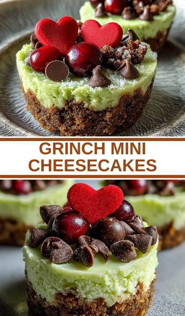 Grinch Mini Cheesecakes decorated with festive green and red toppings