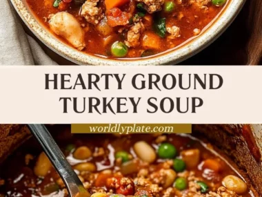 Bowl of hearty ground turkey soup with vegetables and herbs