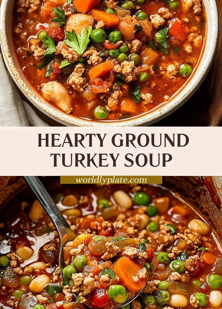 Bowl of hearty ground turkey soup with vegetables and herbs