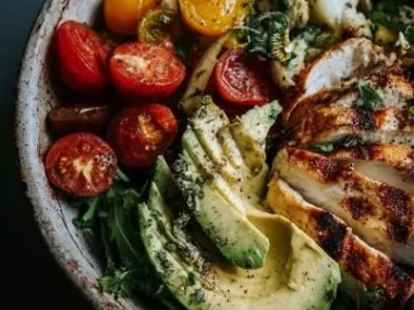 Healthy Asian Chicken Salad with colorful vegetables and grilled chicken