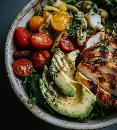 Healthy Asian Chicken Salad with colorful vegetables and grilled chicken