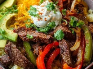 Healthy low carb steak fajita bowl with colorful vegetables and protein-rich beef.
