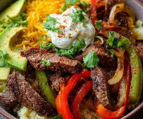 Healthy low carb steak fajita bowl with colorful vegetables and protein-rich beef.