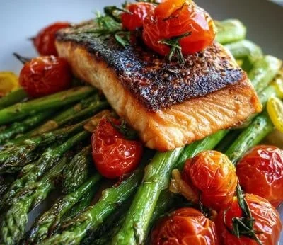 A colorful plate of healthy spring dinner recipes featuring fresh vegetables and herbs.