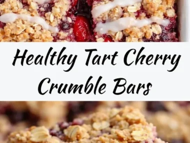 Healthy tart cherry crumble bars with a crunchy topping and fresh cherries.