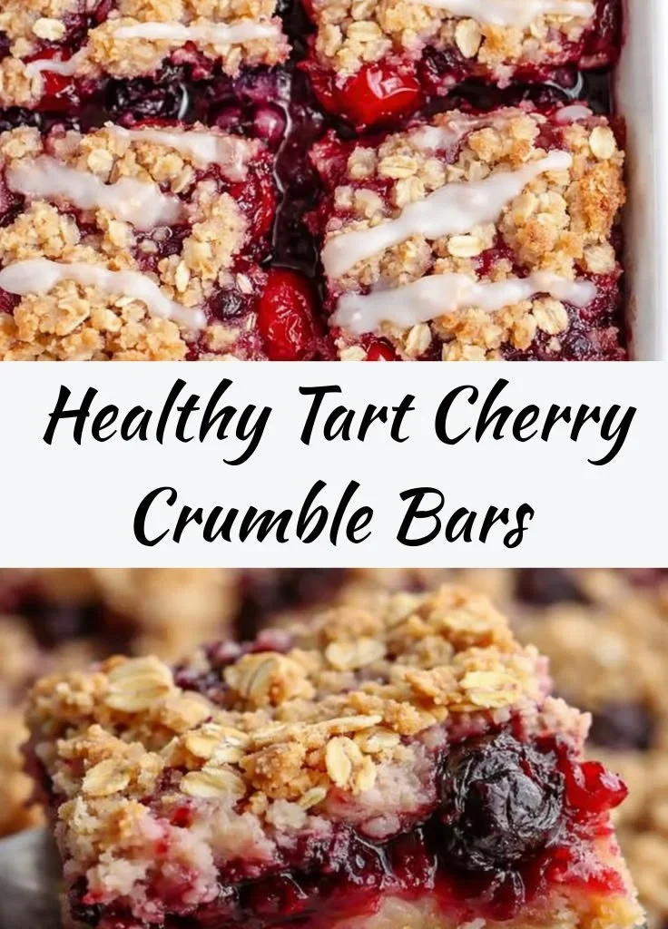 Healthy tart cherry crumble bars with a crunchy topping and fresh cherries.