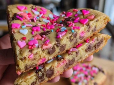 Heart-shaped cookie cake topped with icing and sprinkles, perfect for celebrations.